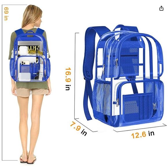 Clear Backpack Heavy Duty, See Through Bag, Transparent Stadium Bag, Blue - Picture 2 of 4